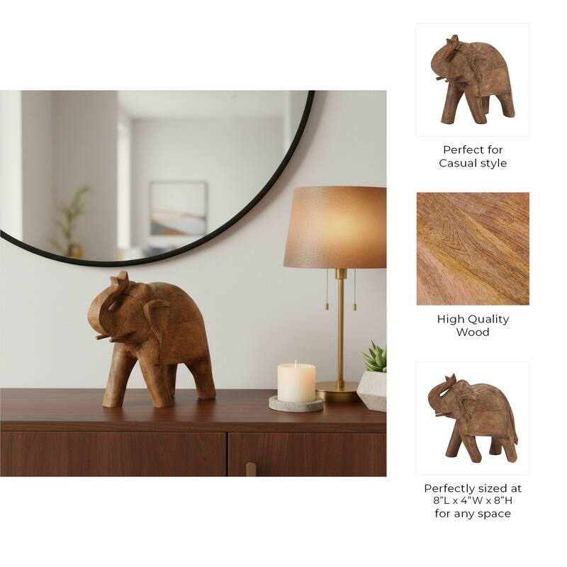 Decorative Wooden Elephant Figurine Sculpture - 8", Brown - 8.0"
