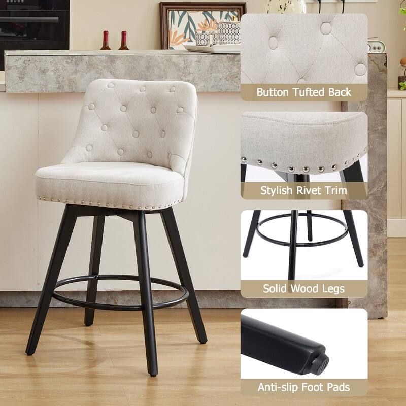 Bar Stools Set of 2, Modern Swivel Counter Height Bar Stools with Back and Wood Legs
