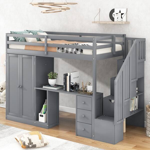 slide 2 of 9, Gray Twin Size Loft Bed with Wardrobe and Staircase, Desk and Storage Drawers and Cabinet in 1 Gray