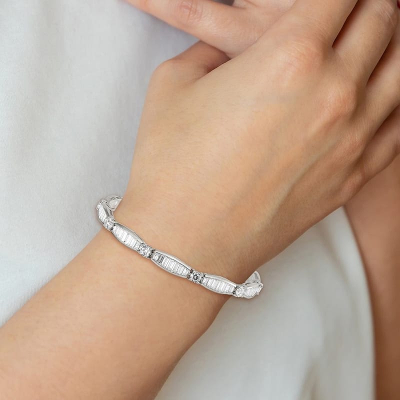 Curata 925 Sterling Silver Solid Polished Open back Box Catch Closure Pave CZ Cubic Zirconia Simulated Diamond Bracelet 7 Inch