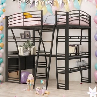 Full Size Loft Bed with 4 Layers of Shelves and L-shaped Desk, Stylish Metal Frame Bed with a set of SocketsUSB Ports,Black