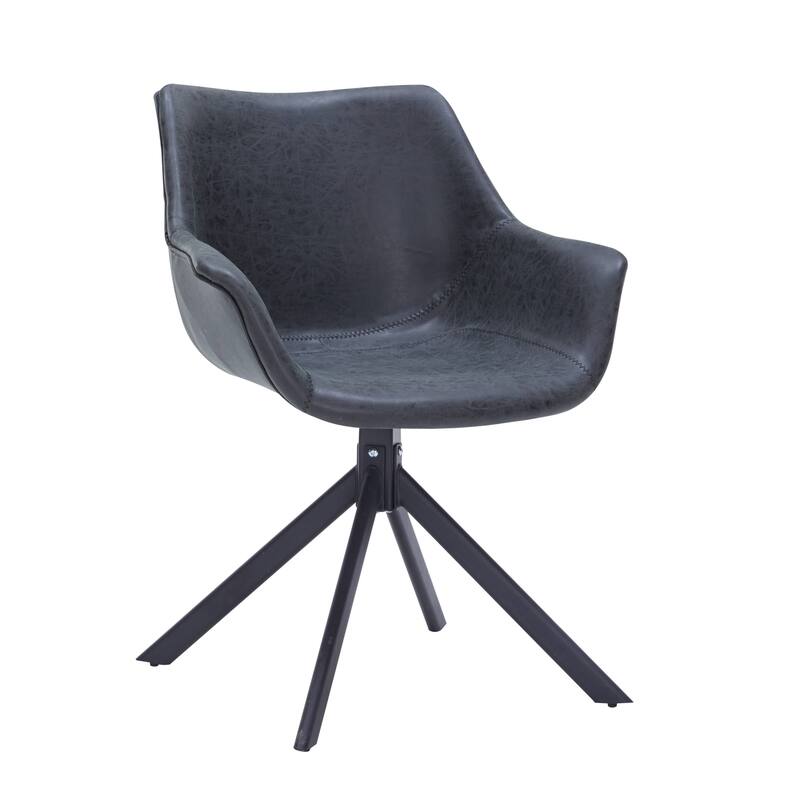Markley Modern Swivel Dining Chair with Distressed Leather Upholstery, Ergonomic Back, and Black Metal Legs for Home or Office - Black