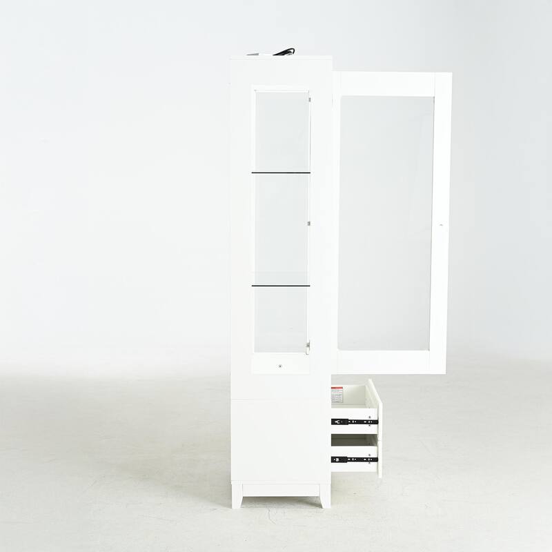 Roomfitters 71'' Display Cabinet with Glass Door, Freestanding Pantry Storage Cabinet with Adjustable Shelves for Dining, White