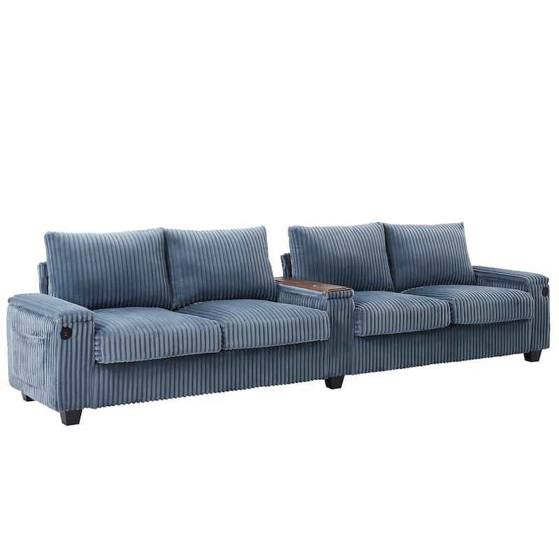 133" Corduroy 4-Seater Sofa with USB Ports, Hidden Storage Arms & Flip-Top Cup Holders