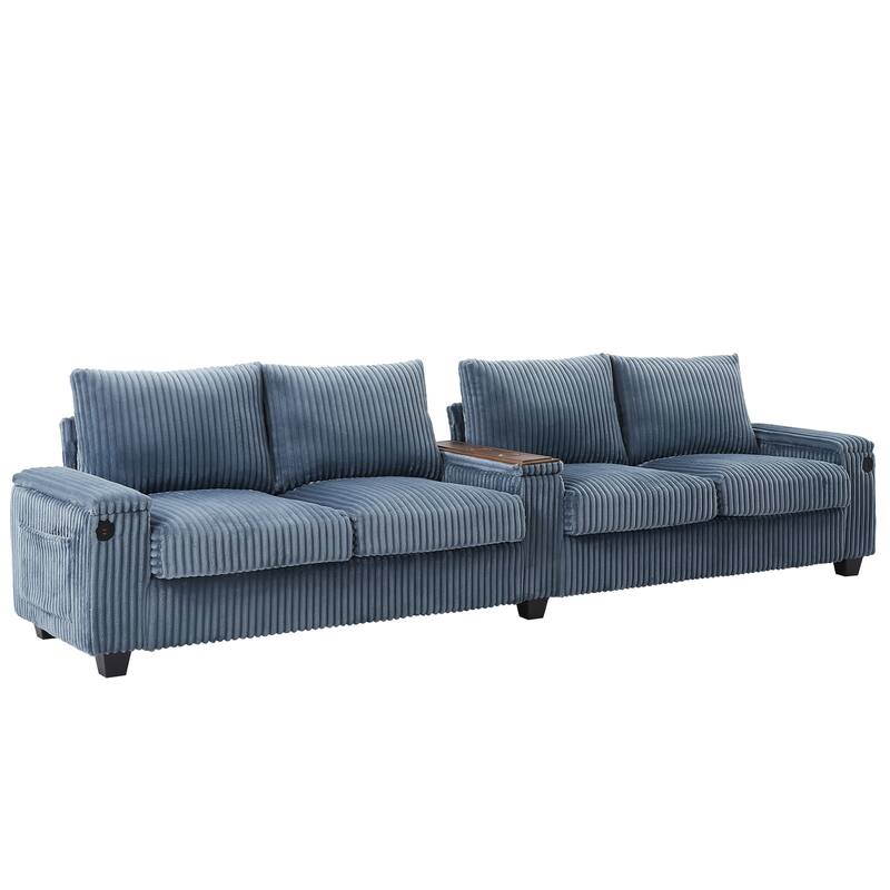 133-In Corduroy Sectional Sofa with USB Ports, Hidden Storage Arms, Flip-Top Cup Holders