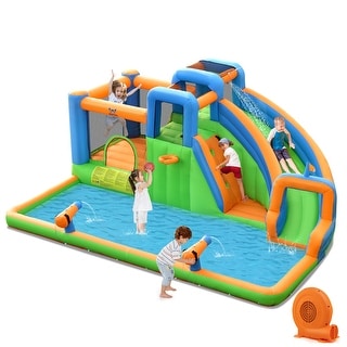 Inflatable Water Slide Bounce Castle w/ Climbing Walls 680W Blower - Blue, Green, Orange