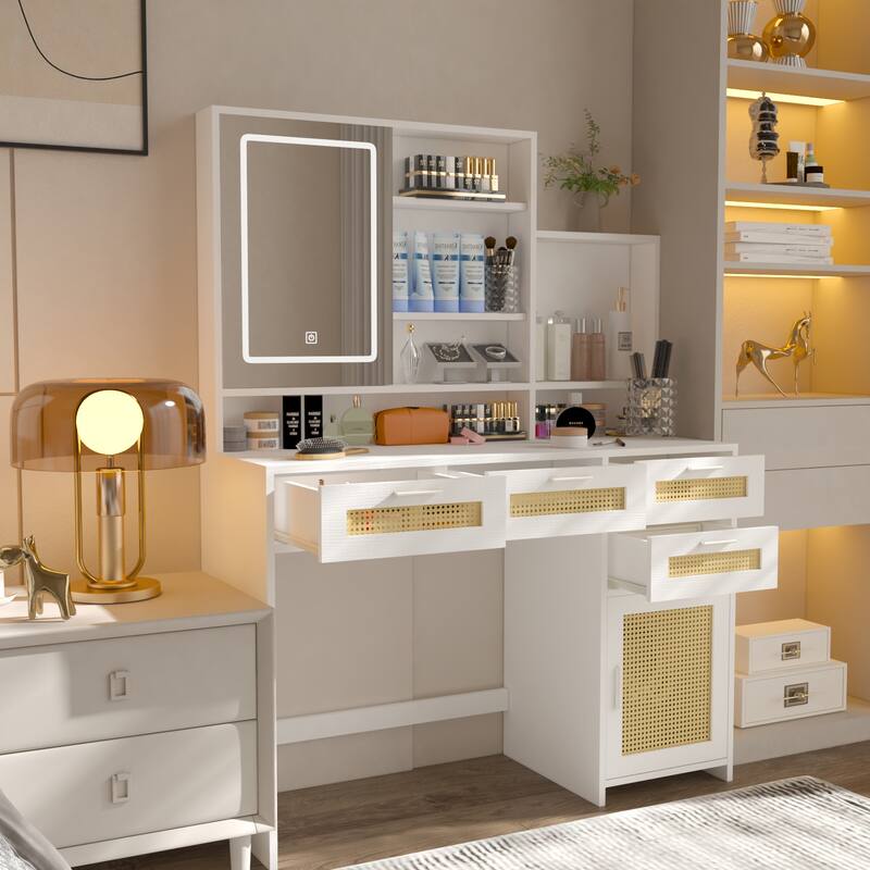 Makeup Vanity with Lights in 3 Colors,Openable Mirror,Vanity Desk with 4 Drawers,1 Cabinet,Shelves, Rattan Vanity Dresser