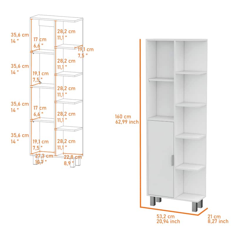 Quimby Linen Cabinet, with 1 door and 9 shelves, White