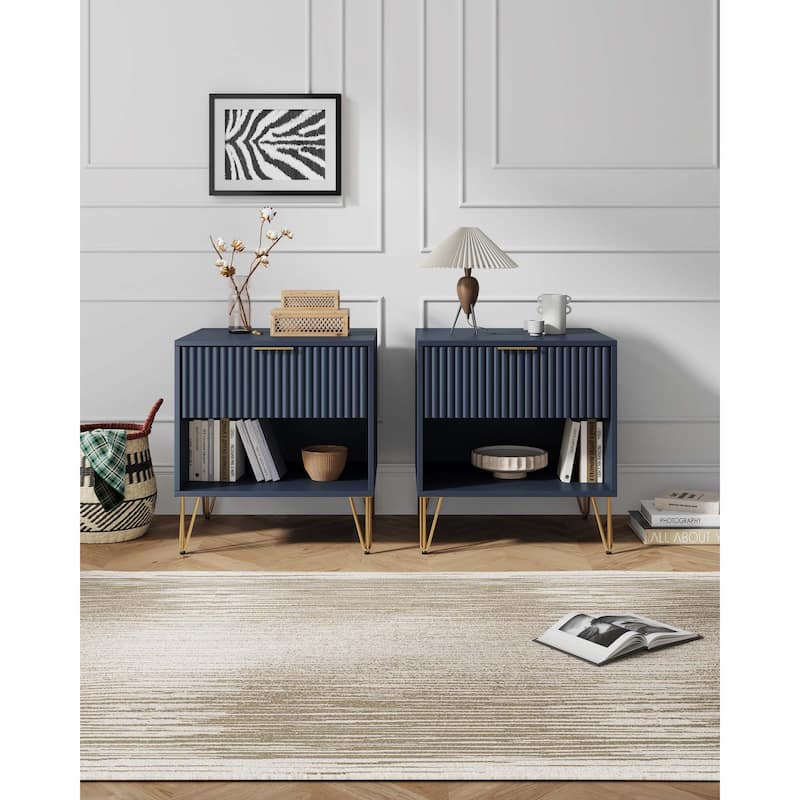 Manhattan Comfort Dumbo 1.0 Mid Century 1 Drawer Nightstand Set of 2 - Midnight Blue