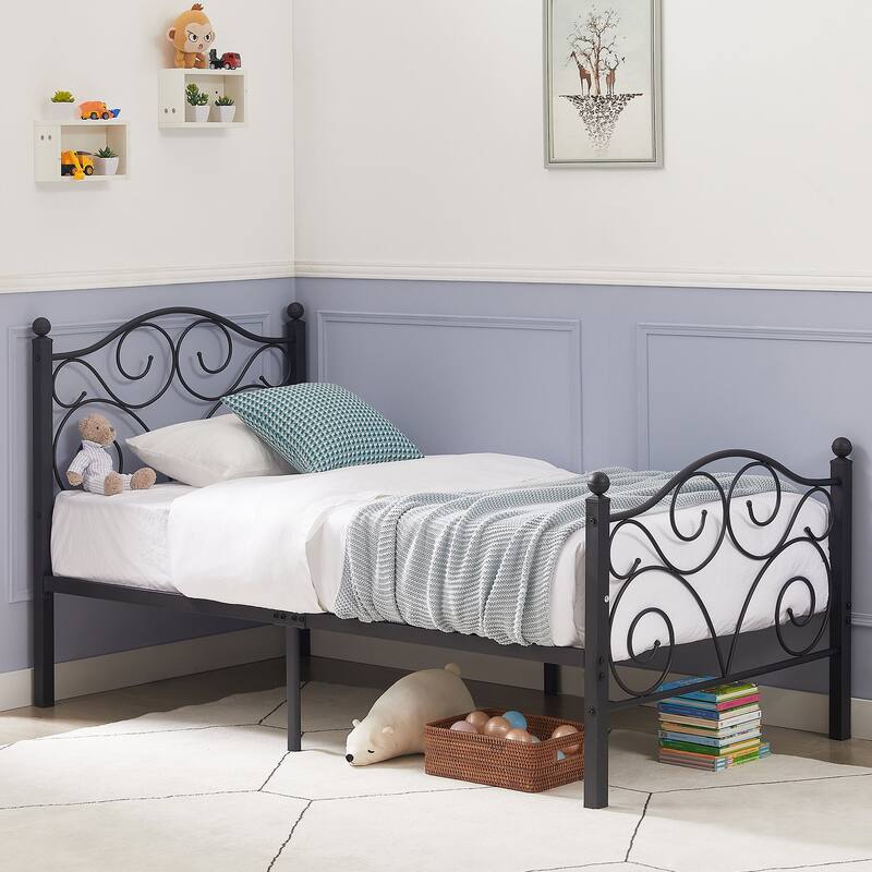 VECELO Metal Platform Bed Frame with Scroll Headboard, Twin/Full/Queen Size Beds