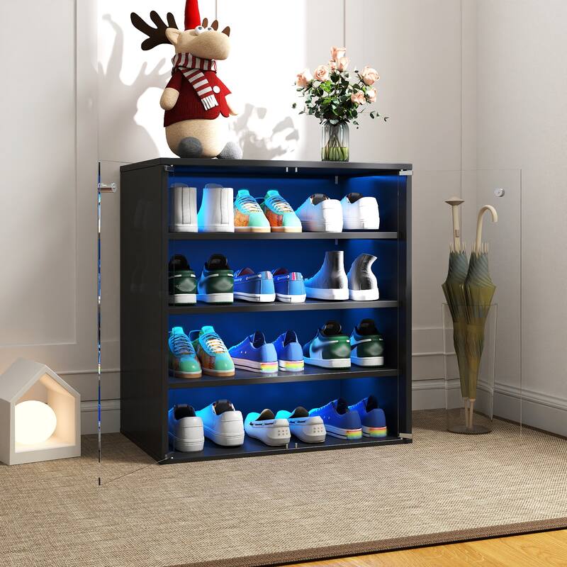 Roomfitters 4-Tier Shoe Display Cabinet, Stackable Wooden Shoe Storage Box with Glass Door and RGB LED Light