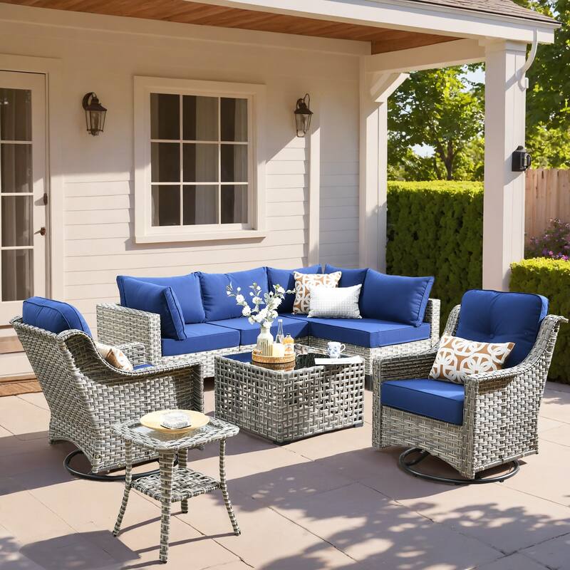 XIZZI 8-piece Rattan Wicker Outdoor Patio Furniture Set with Swivel Chair - Navy Blue