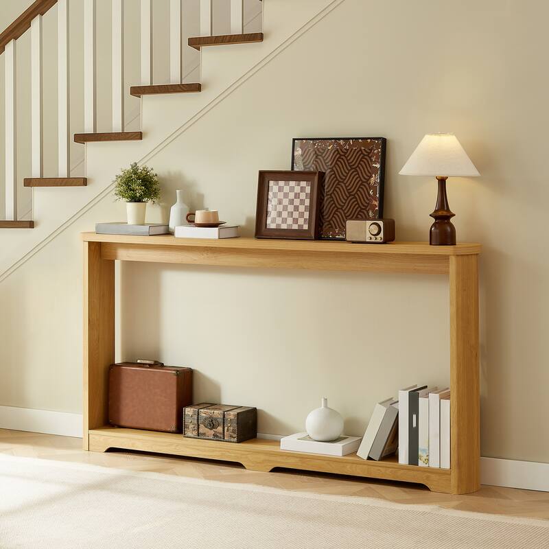 70.1"Corrugated Texture Storage Table, Narrow Wooden Console Sofa Table, Suitable For Entranceways, 70.1"L*8.7"W*35.5"H - Natural