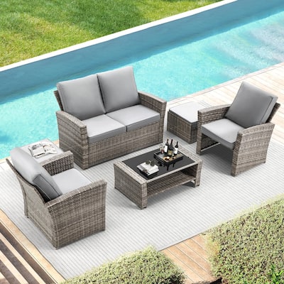 6-Piece Outdoor Sectional Sofa Set, PE Wicker Patio Furniture with Storage Coffee Table & Ottoman, Cushions, for Garden