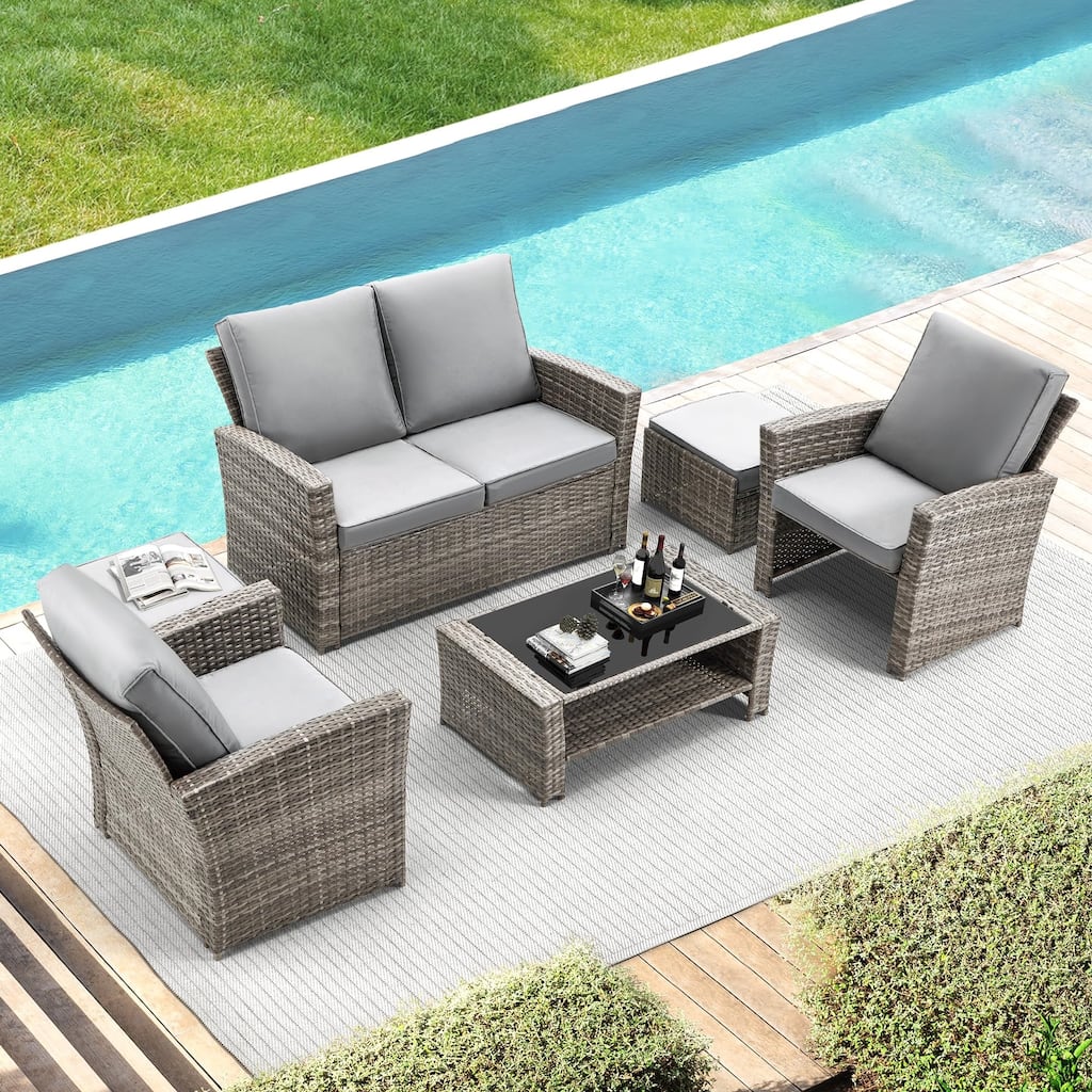 6-Piece Outdoor Sectional Sofa Set, PE Wicker Patio Furniture with Storage Coffee Table & Ottoman, Cushions, for Garden