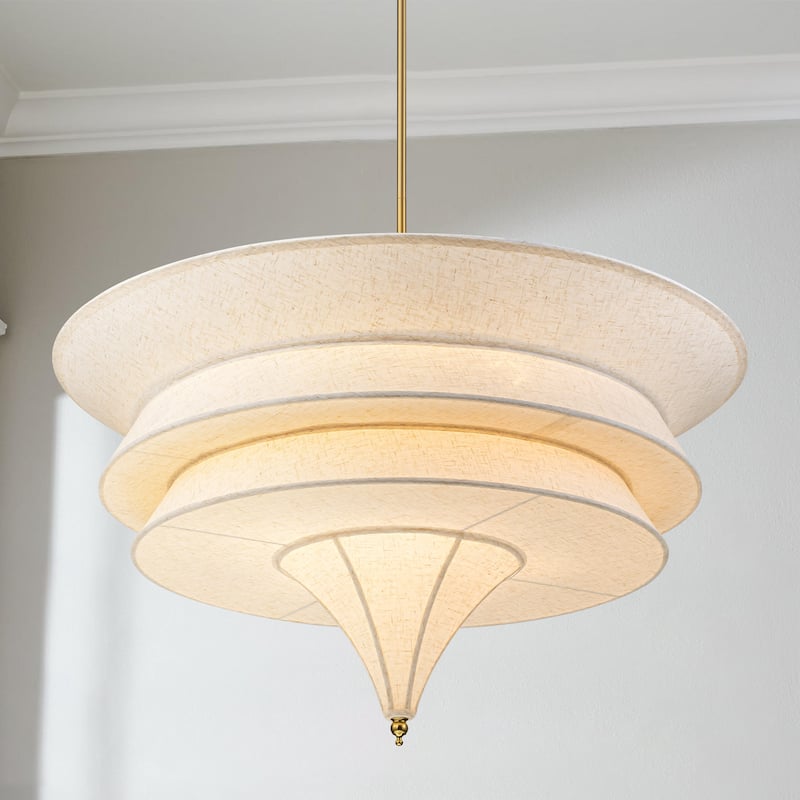 5-Light Mid-Century Modern Brass Chandelier for Dining Room&Living Room - Four-Layer Textured Fabric Shade - 5 Light