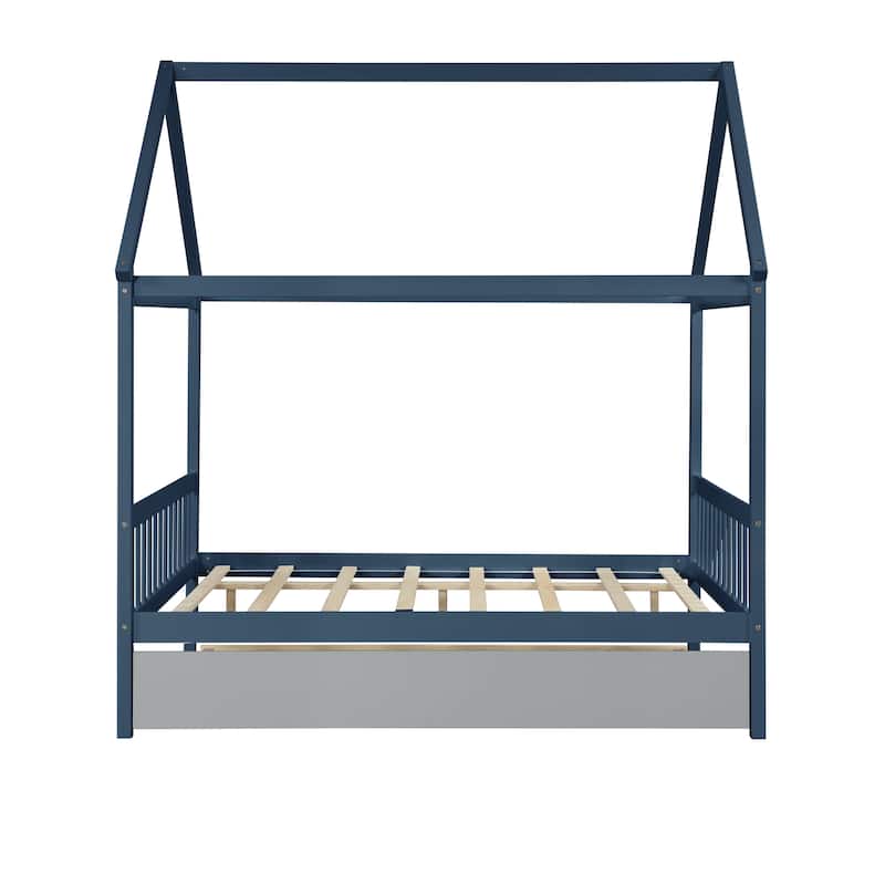 Full Size Wood House Bed with Trundle, Roof, and Fence