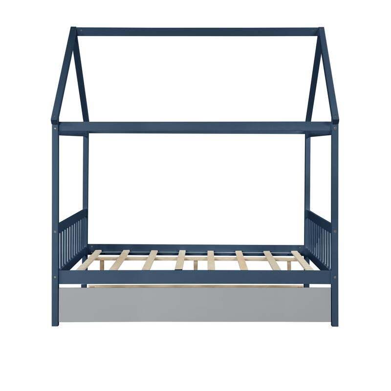 House-Shaped Full Bed with Trundle in Navy Blue and Grey, Solid Pine Wood Frame