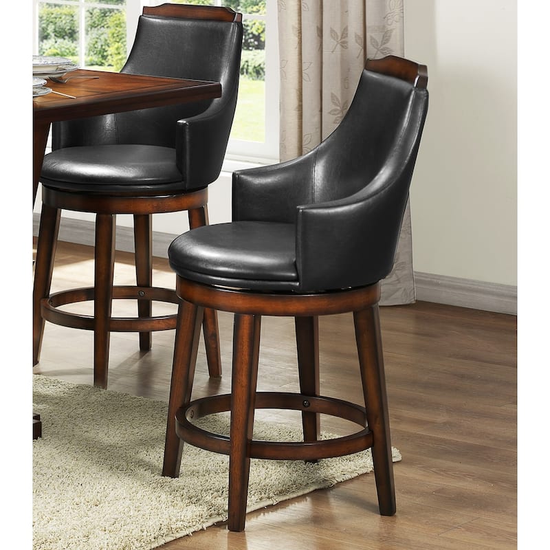 Swivel Counter Height Chairs Set of 2, Dark Brown Faux Leather Upholstered Wooden Dining Furniture