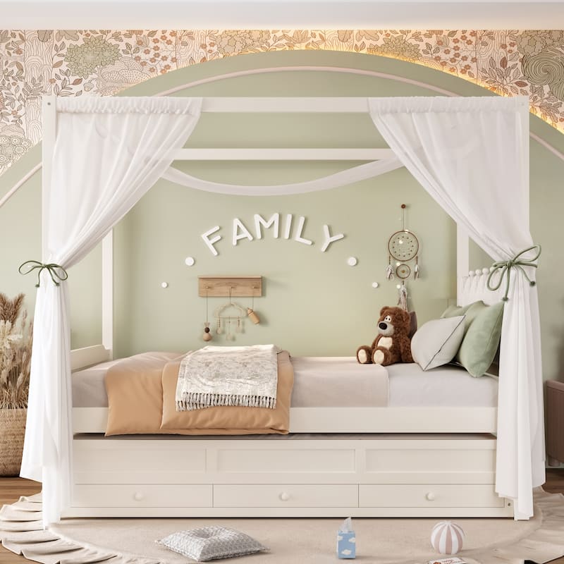 Full/Twin Platform Bed with Upholstered Headboard, Trundle & 3 Drawers, Princess Canopy Bed