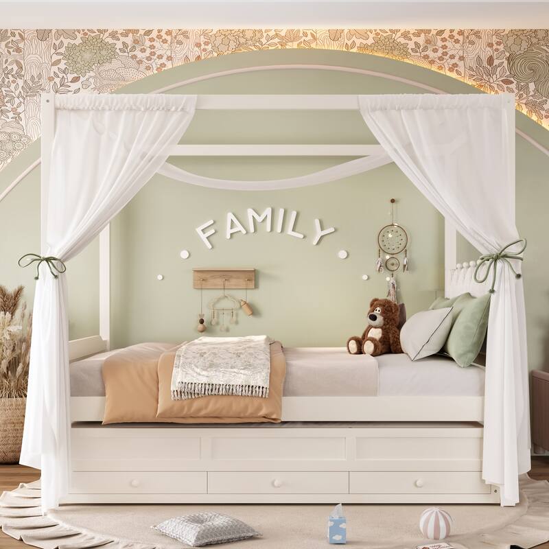Princess Canopy Bed Upholstered Platform Bed withTrundle, Crown Headboard and 3 Underbed Storage Drawers for Kids
