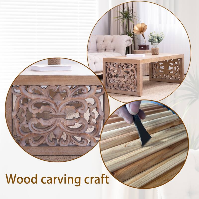 Roomfitters Rustic Carved Wood Coffee Table 47 Inch Handcrafted Look Ornate Side Panels Living Room Furniture, Natural