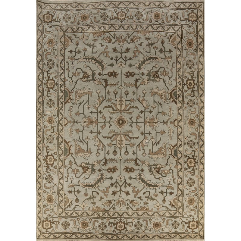 Earth Tone Oushak Area Rug Hand-Knotted Floral Beige Wool Carpet - 9'3" x 12'1"