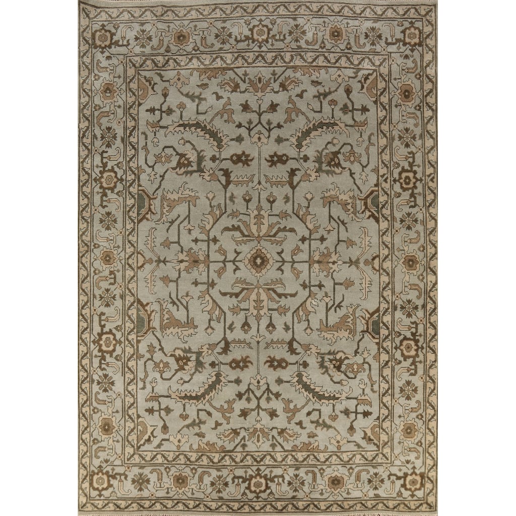Earth Tone Oushak Area Rug Hand-Knotted Floral Beige Wool Carpet - 9'3" x 12'1"