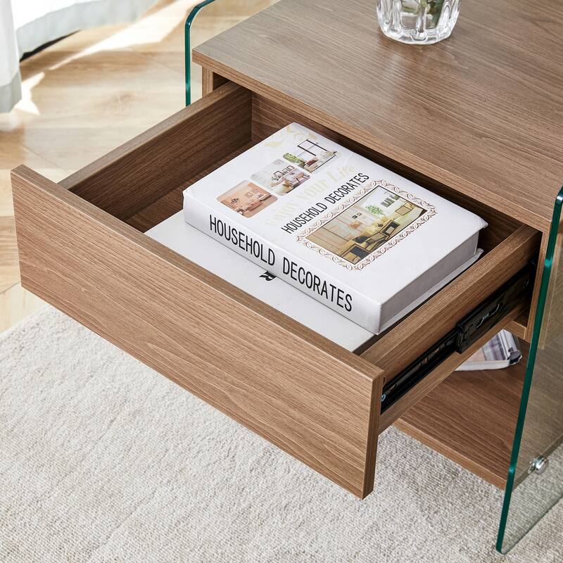 Roomfitters MDF Bedside Table with Glass Sides, Simple Modern Nightstand with Elegant Storage Space