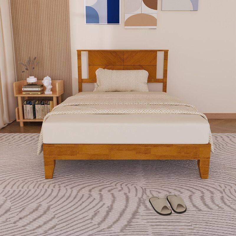 Twin Size Deluxe Bed Frame with Headboard with Solid Wood, No Box Spring Needed, Easy Assembly, White