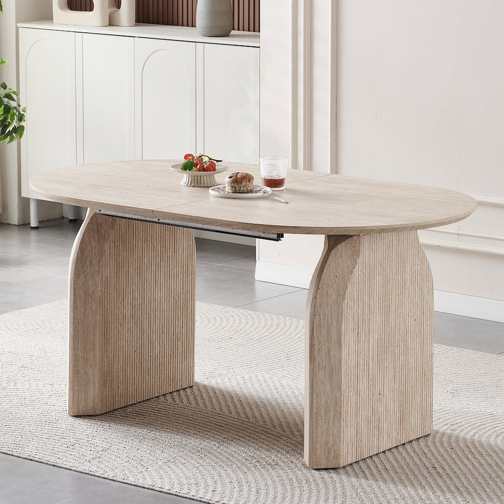 Wood Extendable Dining Table, Modern Oval Kitchen Table with Stylish Dual - Pillar Design - Natural Wood