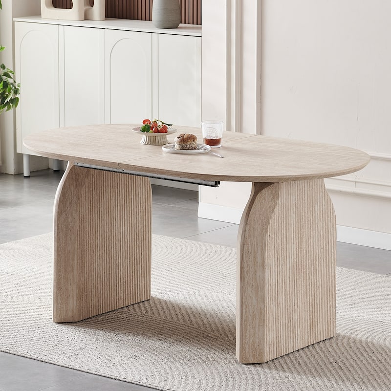 Wood Extendable Dining Table, Modern Oval Kitchen Table with Stylish Dual - Pillar Design - Natural Wood - Natural Wood