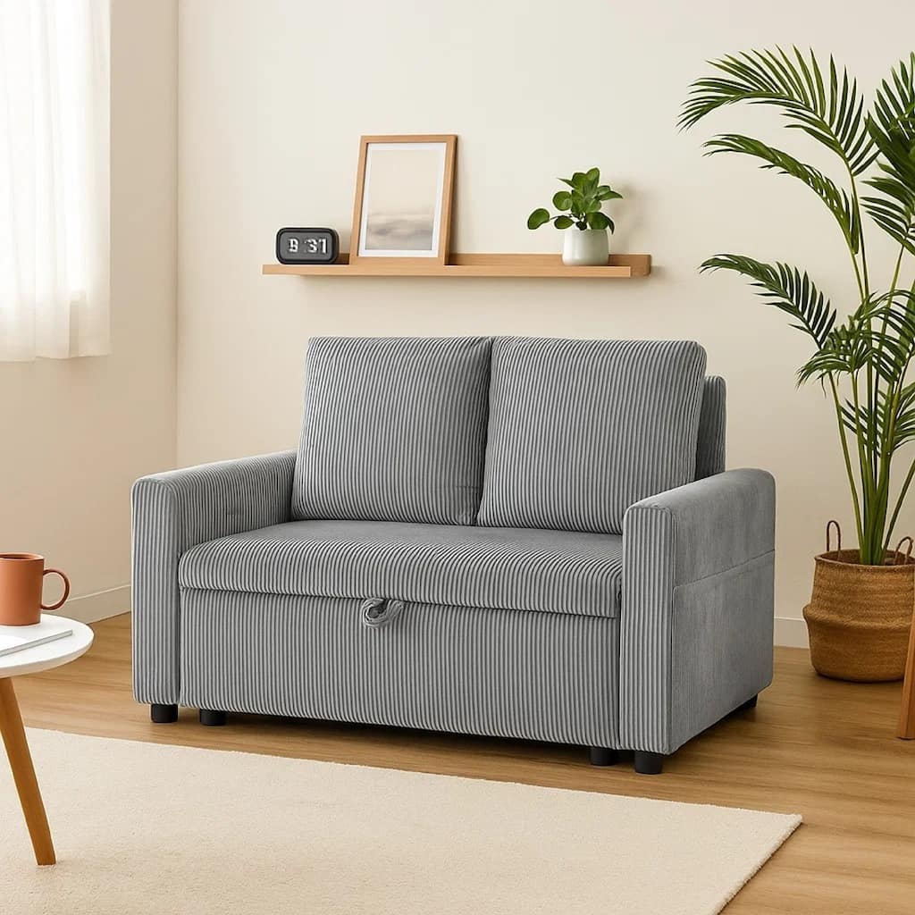 Swin Loveseat with Storage, Gray Corduroy, Soft Cushioned, 45 Inch