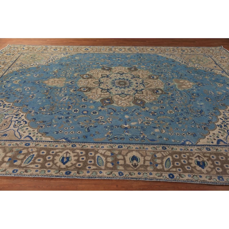 Blue Floral Tabriz Persian Area Rug Oriental Hand-Knotted Wool Carpet - 9'8"x 13'0"