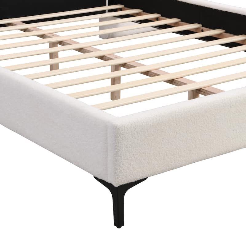 Linen Upholstered Frame Wingback Bed Built-in Lights and Shelves