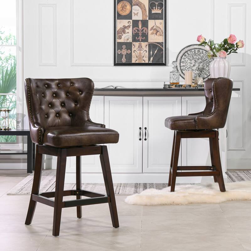 Holmes 27" Tufted Swivel Faux Leather Counter Stool - Set of 2 - Mid Brown