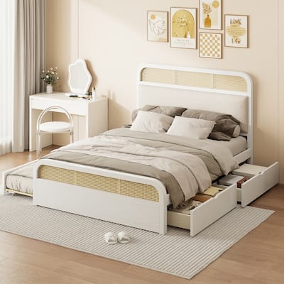 Queen size Wooden Platform Bed with Trundle and 2 Drawers