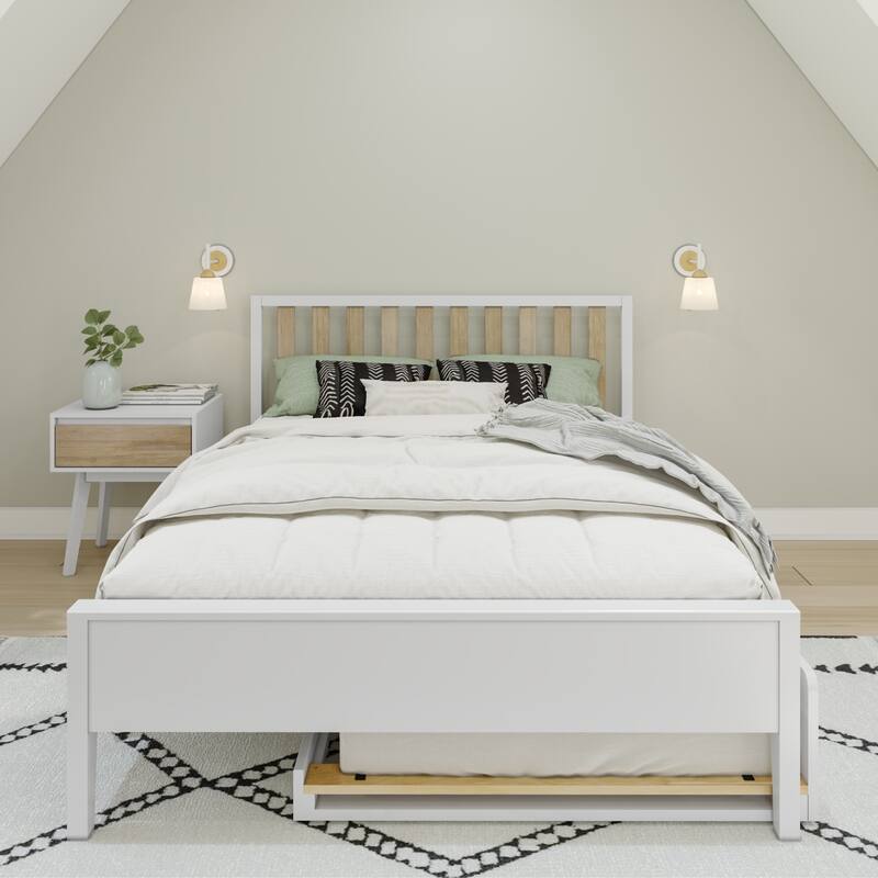 Scandinavian Full-Size Bed with Slatted Headboard and Trundle