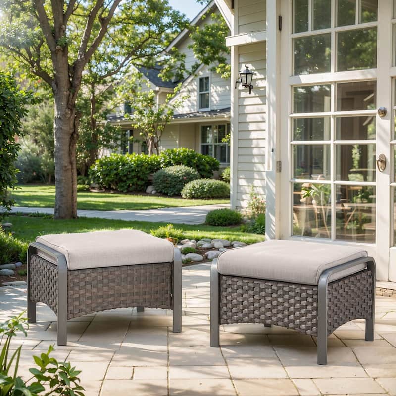 Outdoor Ottomans Rattan Footrests with Cushion Set of 2 - Beige - Brown