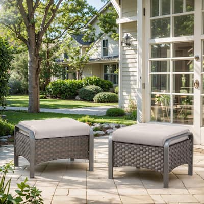 Outdoor Ottomans Rattan Footrests with Cushion Set of 2