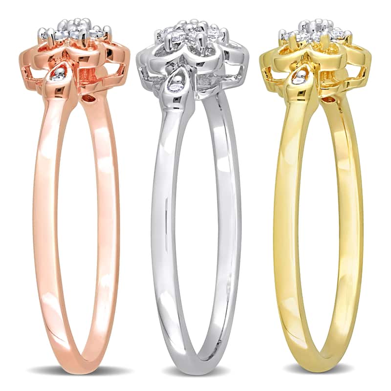 Miadora 1/4ct TW Diamond Flower Rings 3-Piece Set 3-Tone Yellow Rose White Sterling Silver