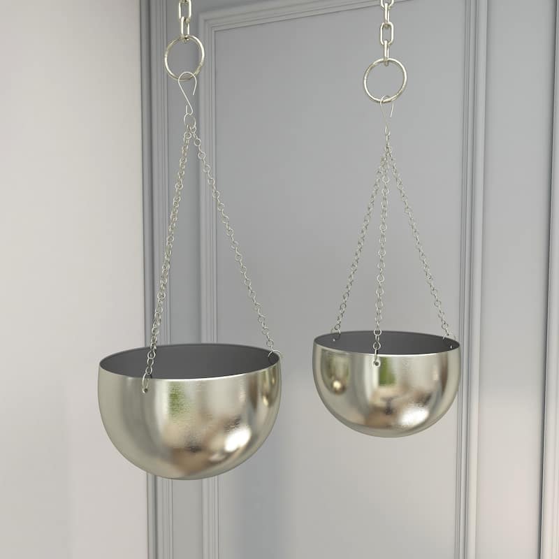 Black, Gold or Silver Metal Indoor Outdoor Hanging Dome Wall Planter with Chain (Set of 2)