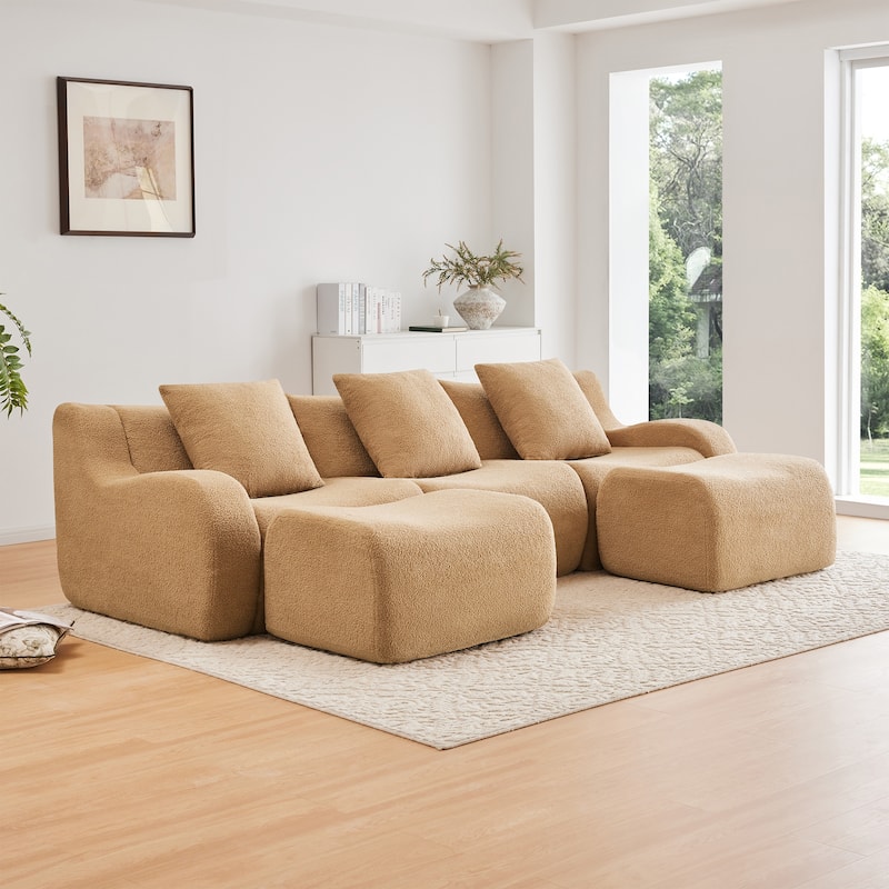 Anmytek Modern Plush U-Shaped Chaise Sofa - Soft Teddy Fabric - Camel - Symmetrical