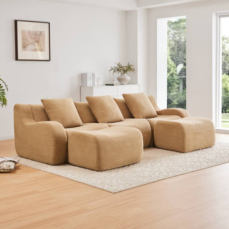 Teddy Fabric Anti-Slip Design Boneless Sofa - Camel(3 Seat+2 Ottoman)