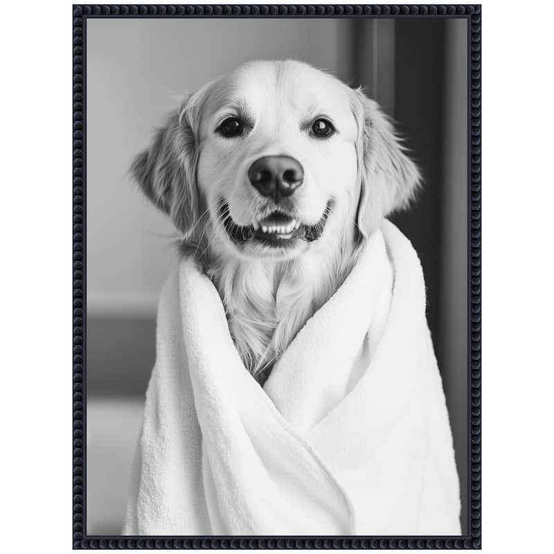 Kate and Laurel Sylvie Golden Retriever Bathroom Towel Robe Black and White Framed Canvas by The Creative Bunch Studio