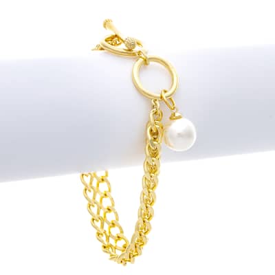 Double Chain with Shell Pearl Drop Toggle Bracelet - Gold
