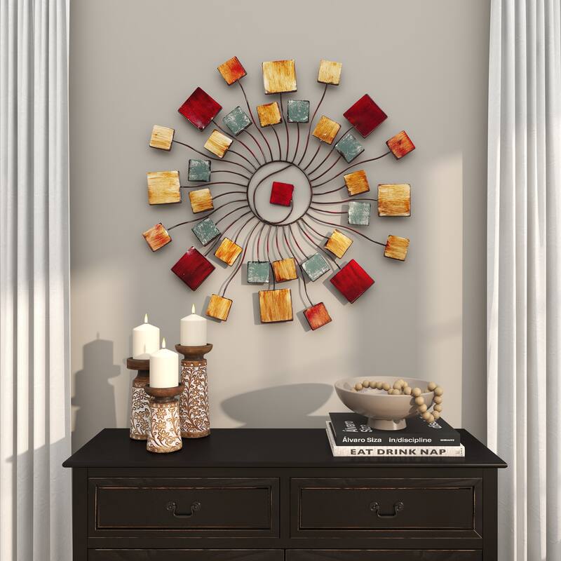 Multi Colored Metal Wire Sunburst Home Wall Decor with Square Shaped Accents