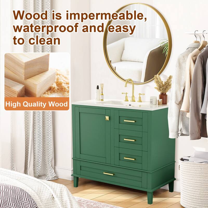 36" Bathroom Vanity with Ceramic Sink,Solid Pine Frame