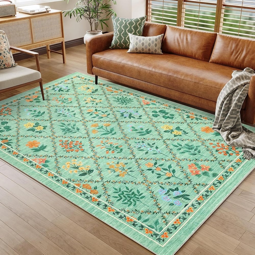 Vintage Floral Washbale Floor Cover Area Rug for Bedroom, Living Room, Light Green - 1'6" x 2'6"