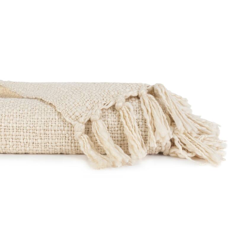 Becky Cameron Throw Blanket Slub-Yarn Basketweave with Fringed Edges - Natural
